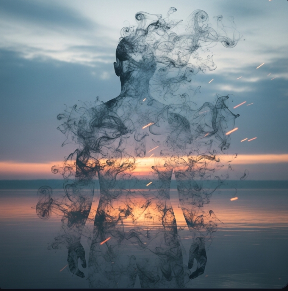 Figura humana formada por humo que se desvanece, símbolo de la fragilidad del sentir y la identidad en transformación